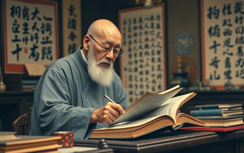 A wise elderly man reading ancient texts in a traditional setting
