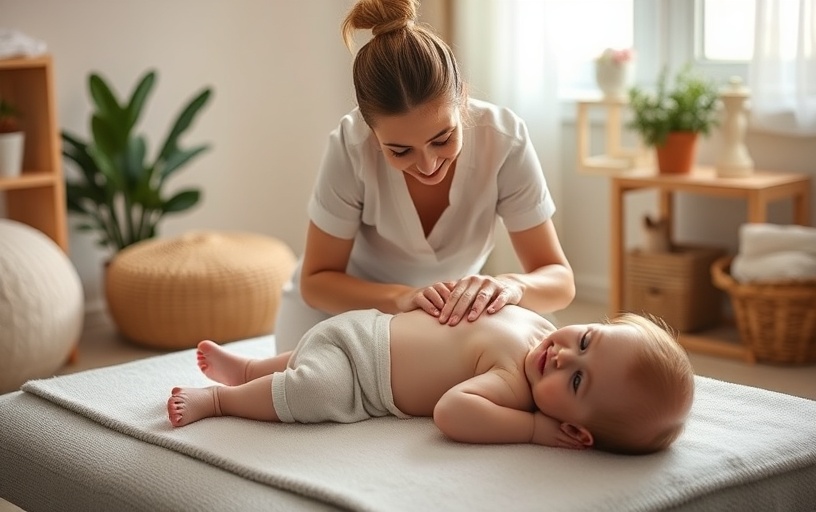 A therapist massaging a baby in a safe environment